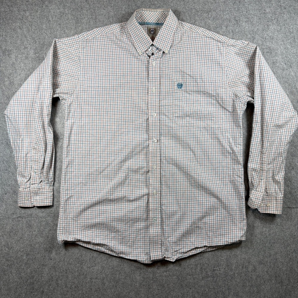 Cinch Mens Plaid Button Down Western Shirt Size M White Blue Orange Cotton